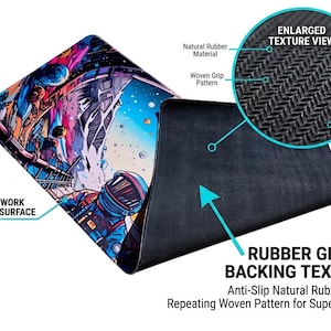 May include: A rectangular mouse pad featuring a colorful space-themed artwork print surface on one side and a black rubber grippy backing texture on the other. The backing includes a repeating woven pattern for a durable, non-slip surface.
