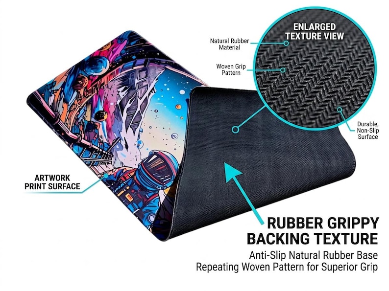 May include: A rectangular mouse pad featuring a colorful space-themed artwork print surface on one side and a black rubber grippy backing texture on the other. The backing includes a repeating woven pattern for a durable, non-slip surface.
