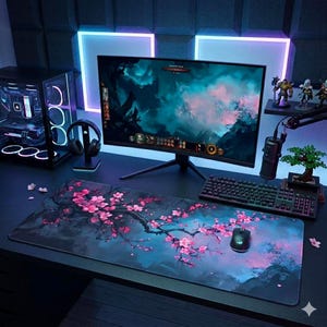 Peut inclure: Un grand tapis de bureau rectangulaire présentant un fond bleu foncé et noir avec un motif de branche de cerisier en fleurs dans des tons roses. Le tapis est placé sur un bureau devant un écran d'ordinateur, un clavier mécanique et une souris.