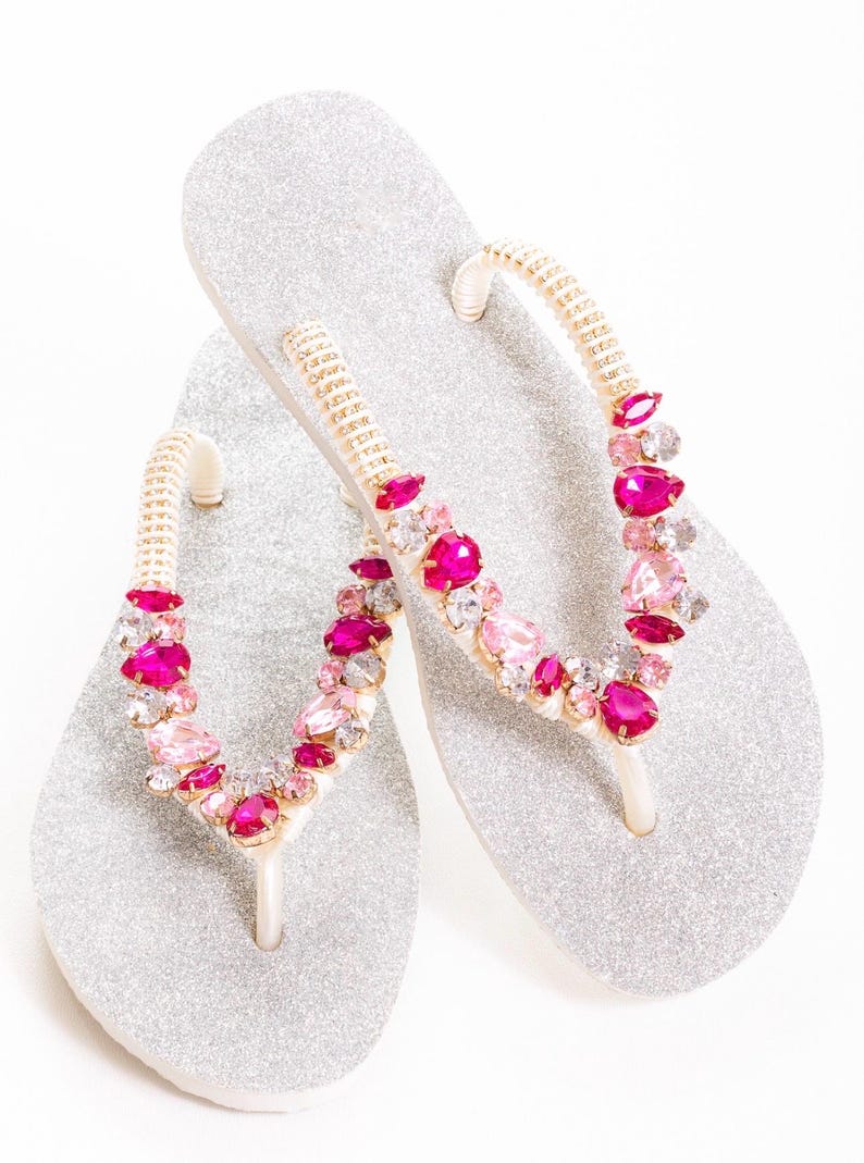 Personalized Havaianas Flip Flops, Bling Bridal Sandals Silver Pink Splash image 3