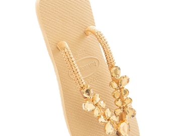 Personalized Havaianas Flip Flops, Amber Bling Bridal Sandals Beige Gold