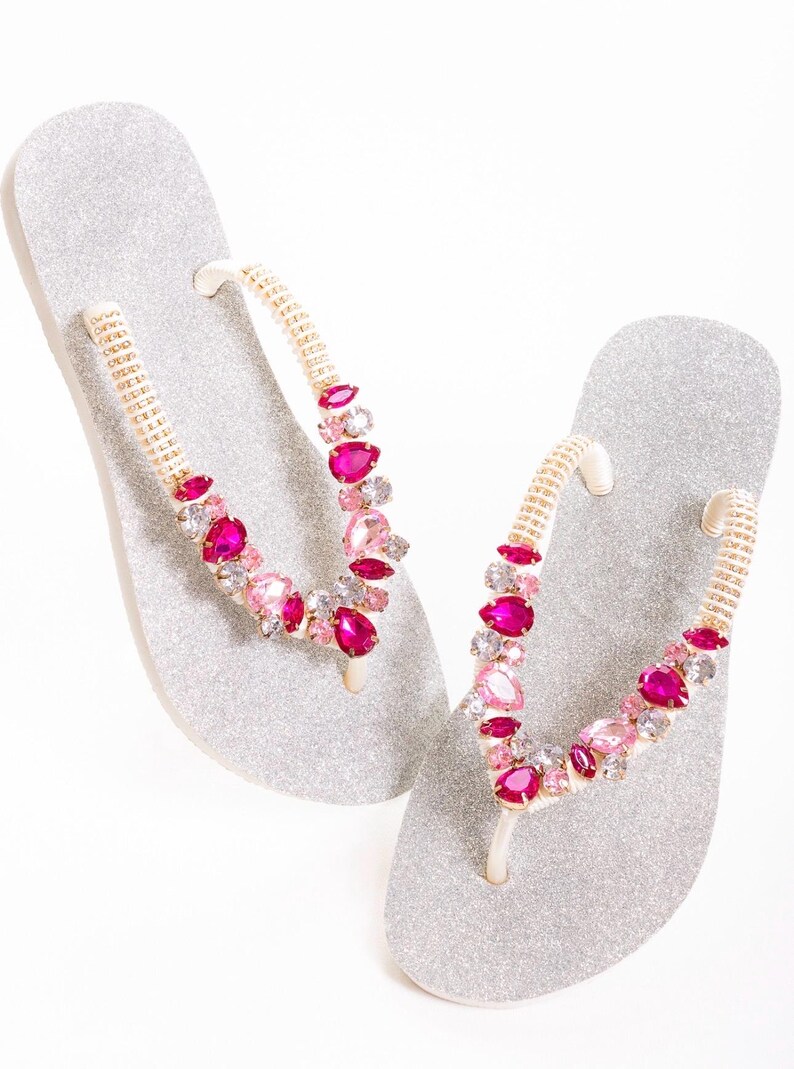 Personalized Havaianas Flip Flops, Bling Bridal Sandals Silver Pink Splash image 2