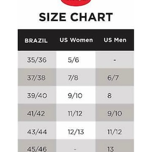 K&ouml;nnte beinhalten: Eine Gr&ouml;&szlig;entabelle f&uuml;r Havaianas-Sandalen. Die Tabelle enth&auml;lt Gr&ouml;&szlig;en f&uuml;r Brasilien, US-Damen und US-Herren. Die Tabelle zeigt die entsprechenden US-Gr&ouml;&szlig;en f&uuml;r brasilianische Gr&ouml;&szlig;en von 35/36 bis 45/46.