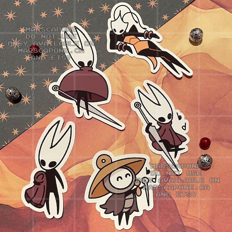 May include: A collection of five die-cut vinyl stickers featuring characters from Hollow Knight, including Hornet and Quirrel. The stickers display various poses and expressions, rendered in a clean, graphic style with white borders on a background.