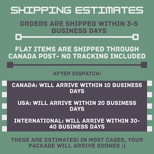 May include: A sage green informational graphic with white text detailing shipping estimates. It states orders ship in 3-5 business days via Canada Post without tracking, with delivery times of 10 days for Canada, 20 for the USA, and 30-40 internationally.