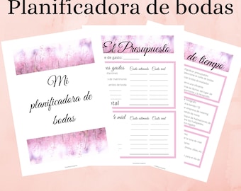 May include: A pink and white printable wedding planner with the title "Mi planificadora de bodas" (My wedding planner) and sections for budgeting and time management.