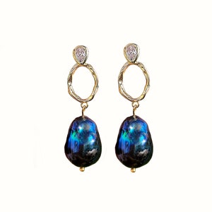 Natural Peacock Baroque Pearl 18k Gold Filled earrings.