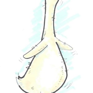 May include: A cartoon illustration of a white goose with a long neck and yellow beak, walking on a light blue background with brown spots.