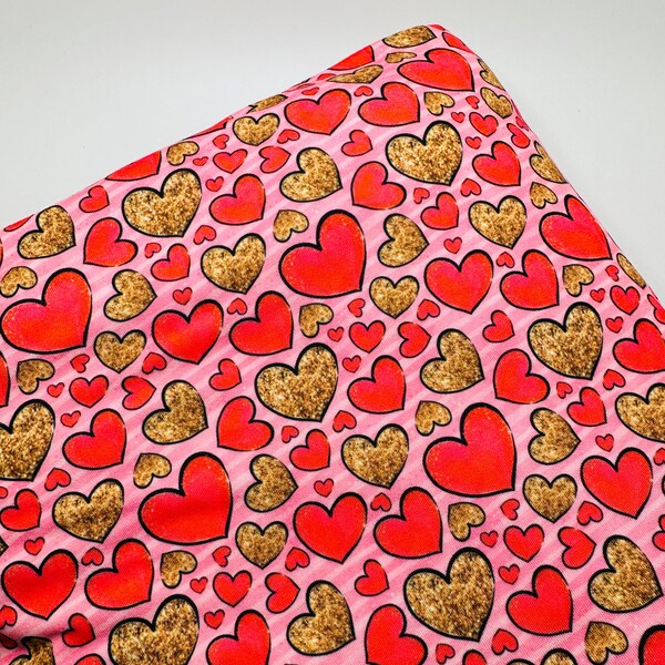 Ready to Ship French Terry Hot Pink w/Faux Gold Valentine Hearts Shapes makes great bows, head wraps, bummies, and more.