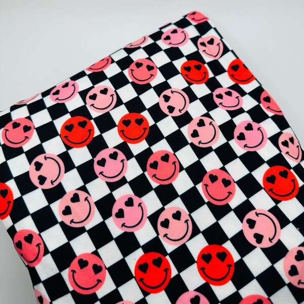 Ready to Ship French Terry Retro Plaid Valentine Smiley Girl Face makes great bows, head wraps, bummies, and more.