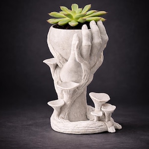 May include: A light grey planter in the shape of a hand cradling a small pot with a green succulent. The base features mushroom-like structures. The planter is made of a textured material and is set against a dark background.
