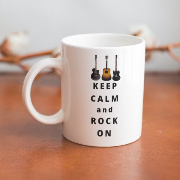 Keep Calm and Rock On Coffee Mug - Guitar Graphic for Rock 'N Roll Music Lover Entusiast, Gift Idea for Best Friend Co-Worker Mom Dad