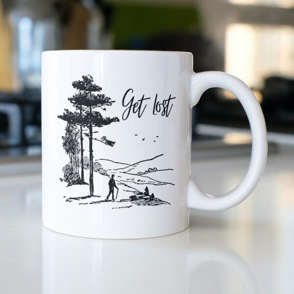 Get Lost Coffee Mug, Adventure Nature Hiking Camping Lover Gift Idea, Mountain Mug, Happy Camper Present, Wanderlust Exploring Enthusiast