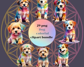 May include: A digital clipart bundle featuring 29 PNG images of colorful dogs. The dogs are depicted in various poses with vibrant rainbow-colored fur. The image includes text that reads "29 png Dog colorful clipart bundle".