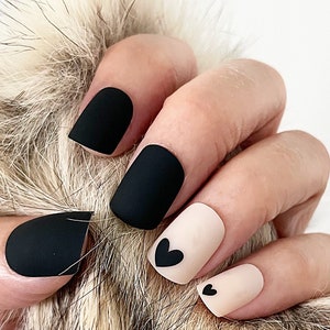 Handmade Press On Nails | Matte Black with Heart Square Nails | Short Square Nails | Fake Nails | False Nails | Glue On Nails (N-219)