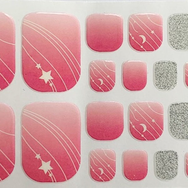 Pink Star Moon Glimmer Toe Nail Sticker Self-Adhesive False Nails, Toe Nails Manicure Decals, Nail Polish Strips, Nail Polish #045