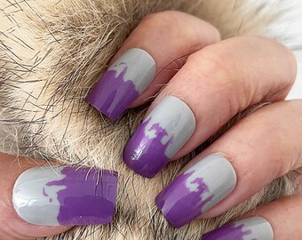 Handmade Gray & Purple Flame Press On Nails: Short Coffin Style