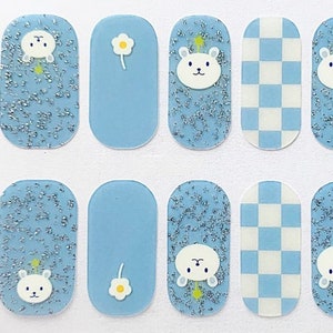 Light Blue Glimmer Nail Polish Strips: Checkerboard Bear Nail Decals