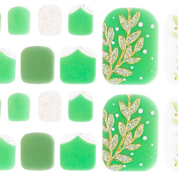 Green Charms Toe Nail Sticker Self-Adhesive Glitter False Nails, Toe Nails Manicure Decals, Nail Polish Strips, Nail Polish #015