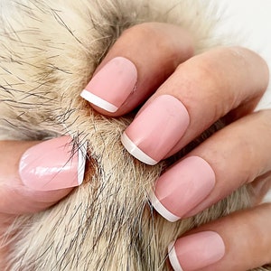 Handmade Press On Nails | Glossy Pink White French Tips Short Square Press On Nails | Fake Nails | False Nails | Glue On Nails (N-236)
