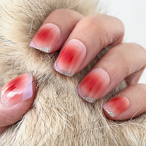 Handmade Press On Nails | Glossy Blush Red Gradient with Silver Tip Short Square Nails | Fake Nails | False Nails | Glue On Nails (N-269)