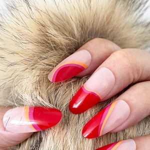 Handmade Press On Nails | Long Round Nails | Glossy Red Wavy Nails | Abstract Lines Nails | Fake Nails | False Nails | Glue On Nails(N-247)