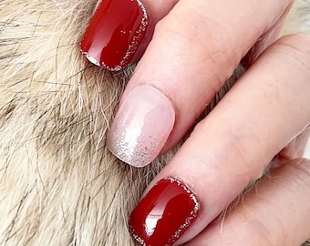Handmade Red Marble Press On Nails: Short Square Glitter Fake Nails