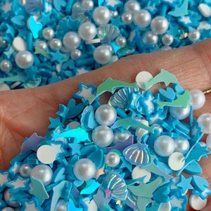 UNDER THE SEA, Caviar Pearl Mix Blue Shell Dolphin Glitters, Resin Rhinestones, Faux Pearls Sprinkle Mix, Glitter Mix, Slime Fillers C697