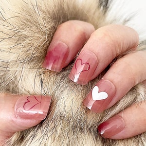 Handmade Press On Nails | Glossy Red Gradient Heart Valentine&#39;s Day Short Square Nails | Fake Nails | False Nails | Glue On Nails (N-216)