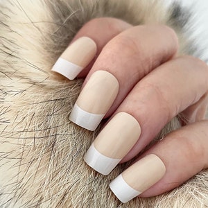 Handmade Press On Nails | Glossy Beige with White French Tips Square Nails | Regular Square Nails | Fake Nails | Glue On Nails (N-286)