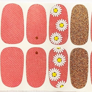 Coral White Daisy Flower Glimmer Nail Polish Strips / Nail Wraps / Nail Decals #378