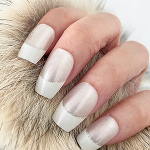 Handmade Press On Nails | Glossy Milky White with Silver Line Short Coffin Nails | Fake Nails | False Nails | Glue On Nails (N-273)