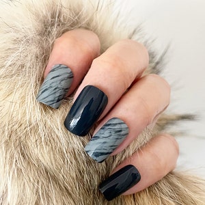 Handmade Press On Nails | Glossy Black Marble Nails | Square Nails | Fake Nails | False Nails | Glue On Nails (N-406)