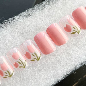 Handmade Press On Nails | Glossy Pink Translucent Flower Square Press On Nails | Fake Nails | False Nails | Glue On Nails (N-360)
