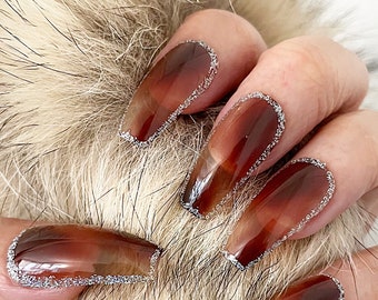 Handmade Brown Marble Long Coffin Press On Nails: 24 Gel Nails