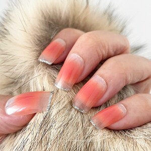Handmade Press On Nails | Glossy Red Gradient with Silver Tip Short Coffin Nails | Fake Nails | False Nails | Glue On Nails (N-268)