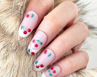 Handmade Glossy Pink Press On Nails: Cherry French Tip, 24 Gel Nails