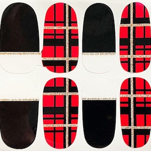 Black Red Plaid French Tips Nail Polish Strips / Nail Wraps / Nail Decals #160