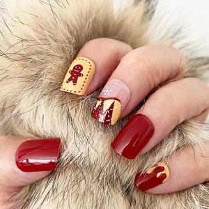 Handmade Press On Nails | Glossy Red Christmas Gingerbread Man Short Square Nails | Fake Nails | False Nails | Glue On Nails (N-202)