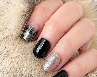 Handmade Glossy Black & Glitter Press On Nails: Short Square Fake Nails
