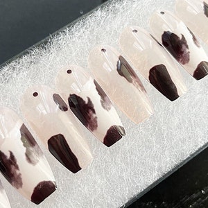 Handmade Press On Nails | Glossy Cow Print French Tips Long Coffin Press On Nails | Fake Nails | False Nails | Glue On Nails (N-257)