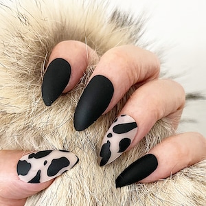 Handmade Press On Nails | Matte Black Cow Print Almond Press On Nails | Fake Nails | False Nails | Glue On Nails (N-381)