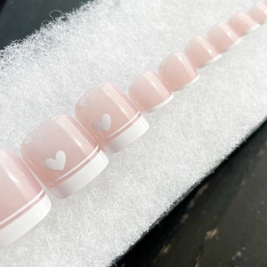Handmade Press On Toenails | Glossy White French Tip Square Toenails | Valentine&#39;s Fake Nails | False Nails | Glue On Nails (N-494)