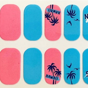 Palm Tree Nail Polish Strips: Blue Pink Summer Nail Wraps