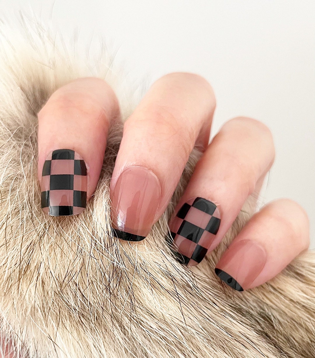 Handmade Press on Nails Glossy Black Checkerboard Square Nails Fake