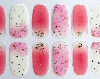 Pink Flower Glitter Nail Polish Strips: Easy Peel Nail Wraps