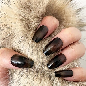 Handmade Press On Nails | Glossy Black Translucent Marble Short Coffin Press On Nails | Fake Nails | False Nails | Glue On Nails (N-192)