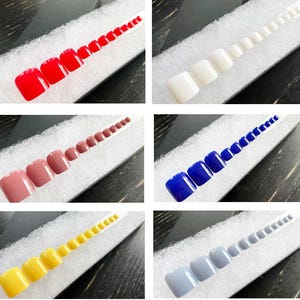Handmade Glossy Press On Toe Nails: Yellow, Red, Blue Pedicure Set