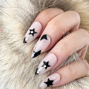 Handmade Press on Nails | Glossy Star Nails | Rhinestone Almond Nails | Fake Nails | False Nails | Glue On Nails (N-013)