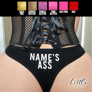 Custom Thong add Name Sexy Gift for Anniversary, Valentines, Birthday Naughty fun Gag gift FREE Pair of Black nipple covers, Name Panties